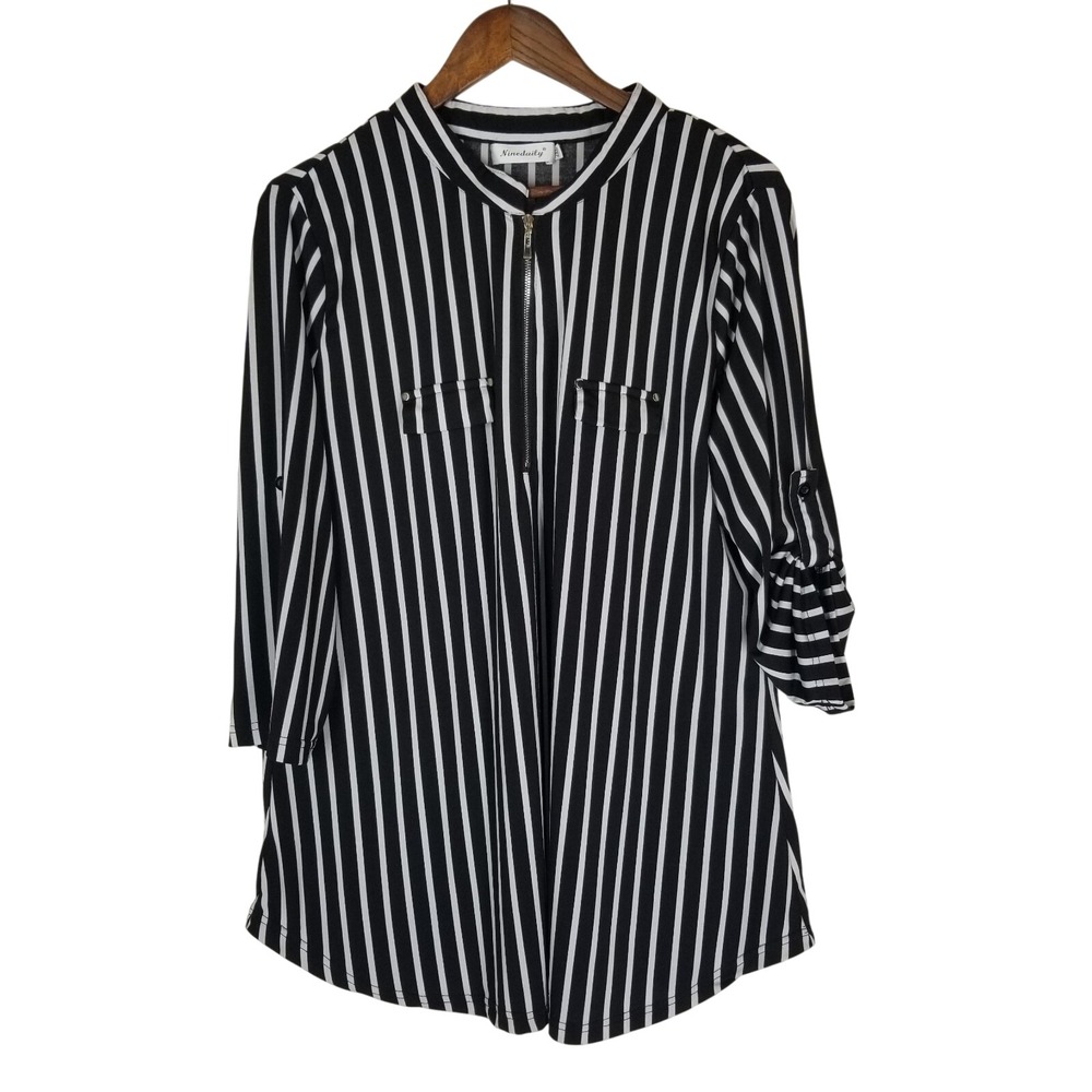 Ninedaily Black‎ White Stripe Zipper Pocket Tunic Top Womens 2XL Roll Tab Sleeve